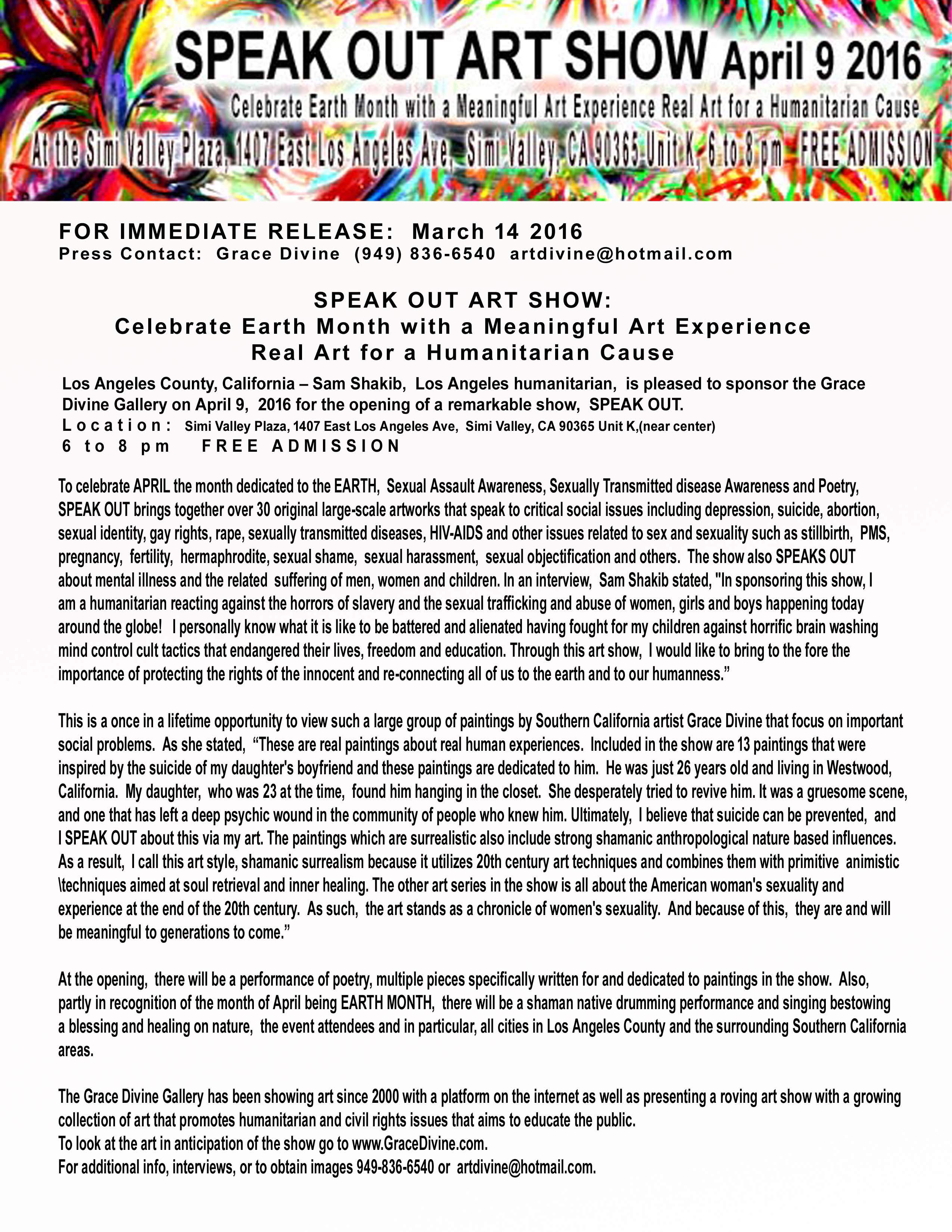 SPEAK OUT ART SHOW: CELEBRATE APRIL 2016 EARTH MONTH WITH A MEANINGFUL ART EXPERIENCE